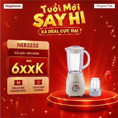 Máy xay sinh tố đa năng 2 cối Nagakawa NEB3232, tự ngắt khi quá nhiệt, chất liệu nhựa AS an toàn, bảo hành 12 tháng