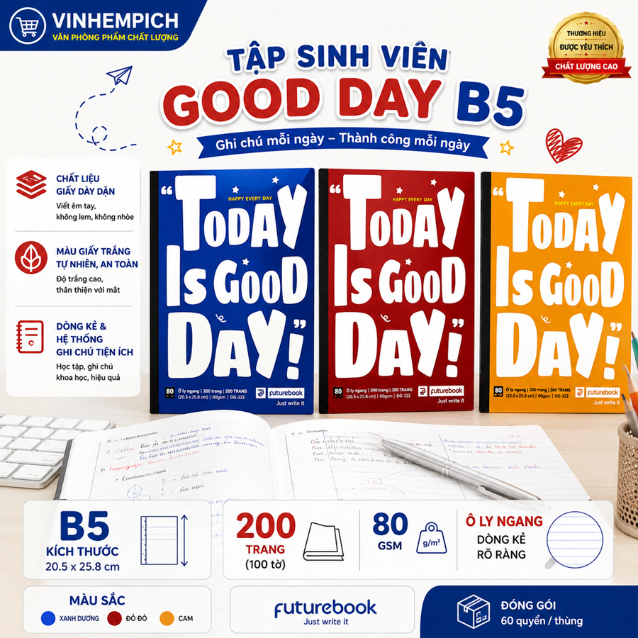 Tập Sinh Viên Good Day B5 - Ô Ly Ngang - 200 Trang 80gsm - futurebook DG-322