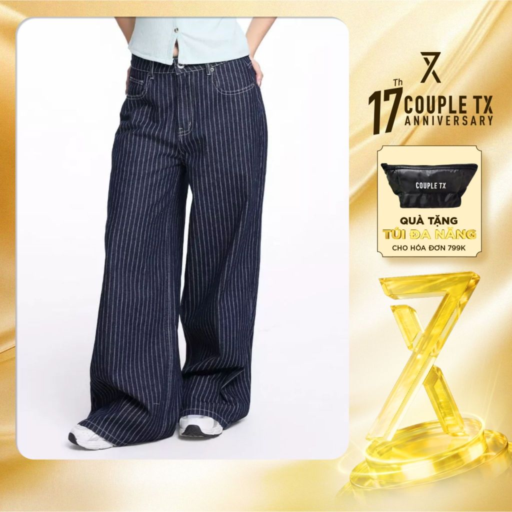 Quần Jean Nữ Sọc Ống Rộng Couple TX Stripe Wide Leg Denim WJE 2032