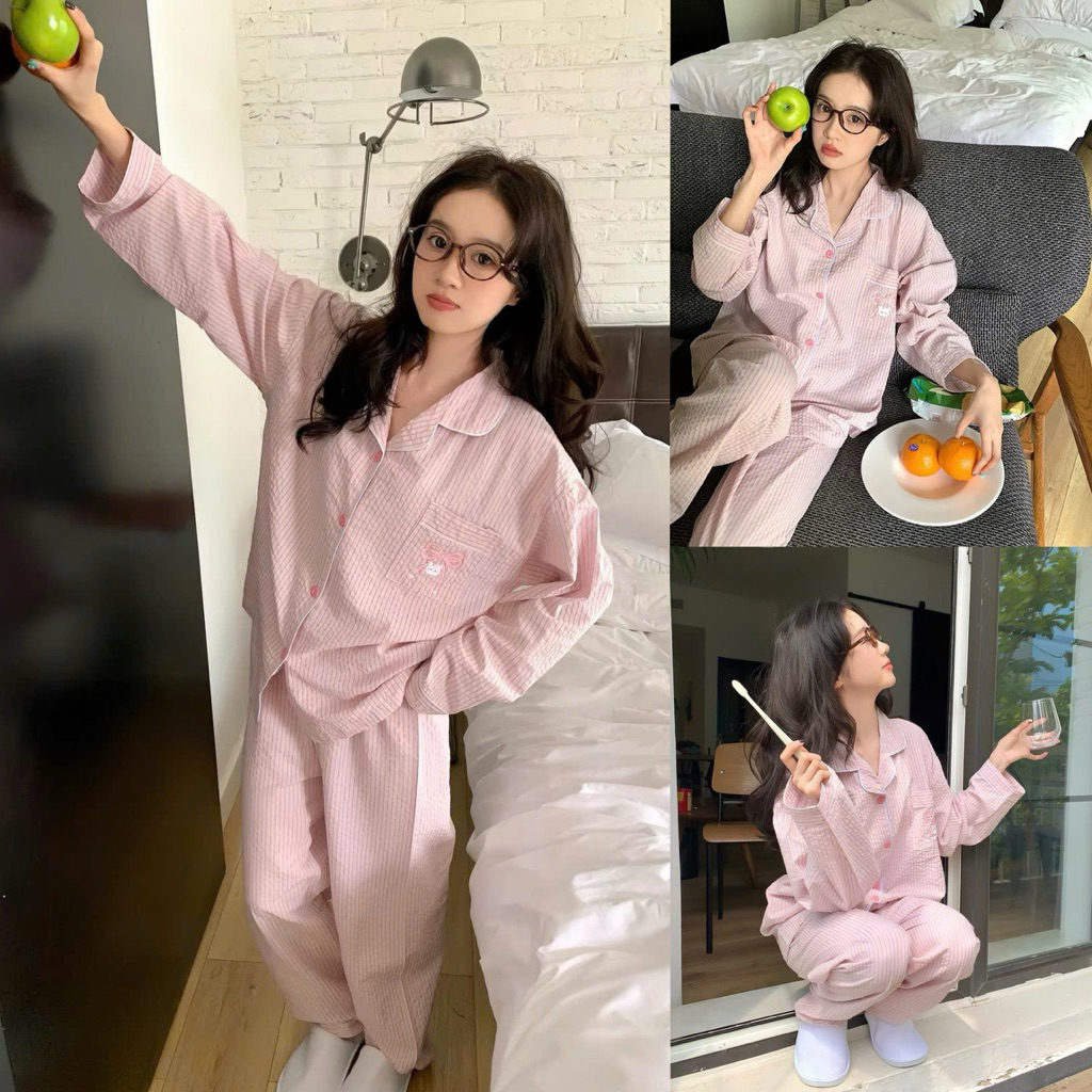 [HÀNG SẴN] Bộ ngủ thô dài tay pijama sọc dọc túi nơ cao cấp mềm mịn thoáng mát, mặc nhà đi dạo đi ch