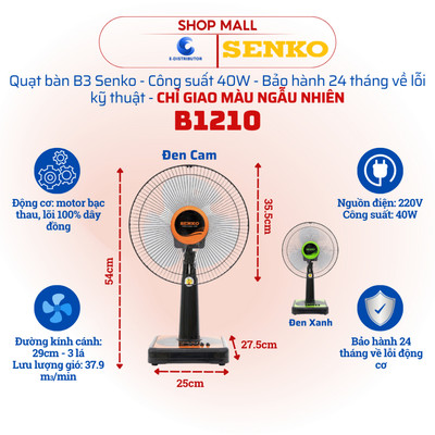 [HỎA TỐC] Quạt bàn Senko B1210 - Công suất 40W - Giao màu ngẫu nhiên - Hàng chính hãng