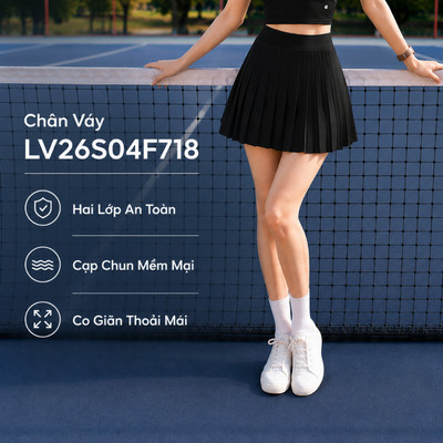 Chân Váy Nữ Xếp Ly LV26S04F718, Chân Váy 2 Lớp Co Giãn Mềm Mại Chơi Tennis Pickle Ball Golf