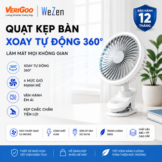 Quạt kẹp bàn W02 WEZEN x VERIGOO tích điện đa năng độ 4 cấp độ gió xoay 360 độ pin 4000mAH bền bỉ hoạt động êm ái