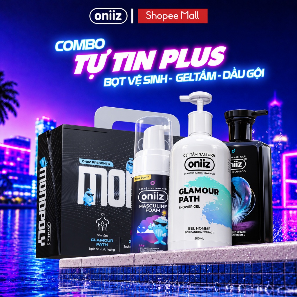 Combo Tự Tin Plus, Bọt vệ sinh nam giới mới Oniiz Masculine Foam, Sữa tắm hương nước hoa, Dầu gội na