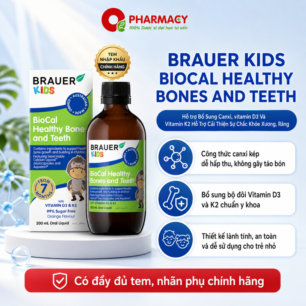 BRAUER KIDS BIOCAL HEALTHY BONES AND TEETH  Bổ Sung Canxi, vitamin D3 Và  Vitamin K2 Hỗ Trợ Cải Thiệ
