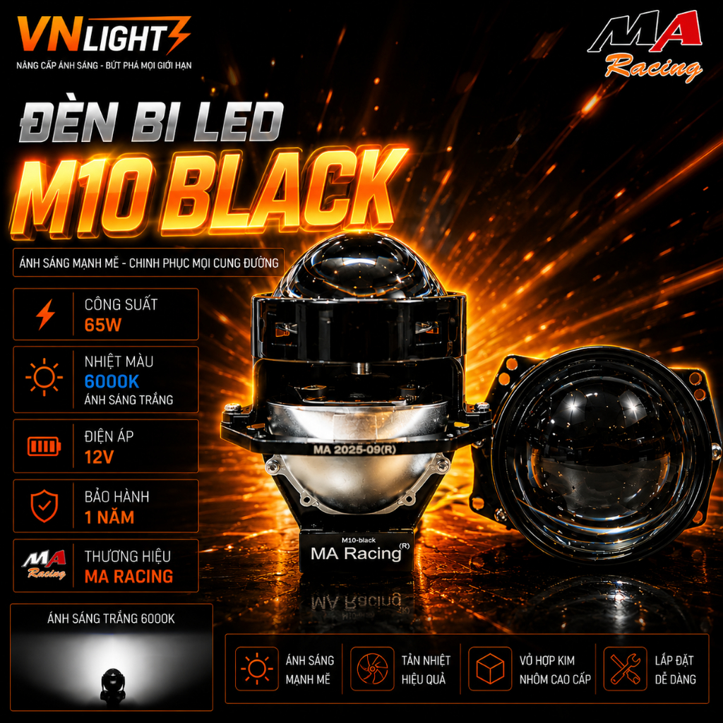 Đèn Bi LED M10 Black MA RACING 65W Chính Hãng Siêu Sáng Cos Pha Nét Bám Đường Tốt Cao Cấp BH 1 Năm