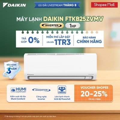 [MIỄN PHÍ LẮP ĐẶT 1TR3] LIVE - Máy Lạnh Daikin Inverter 1 chiều FTKB25ZVMV 1HP 9000BTU