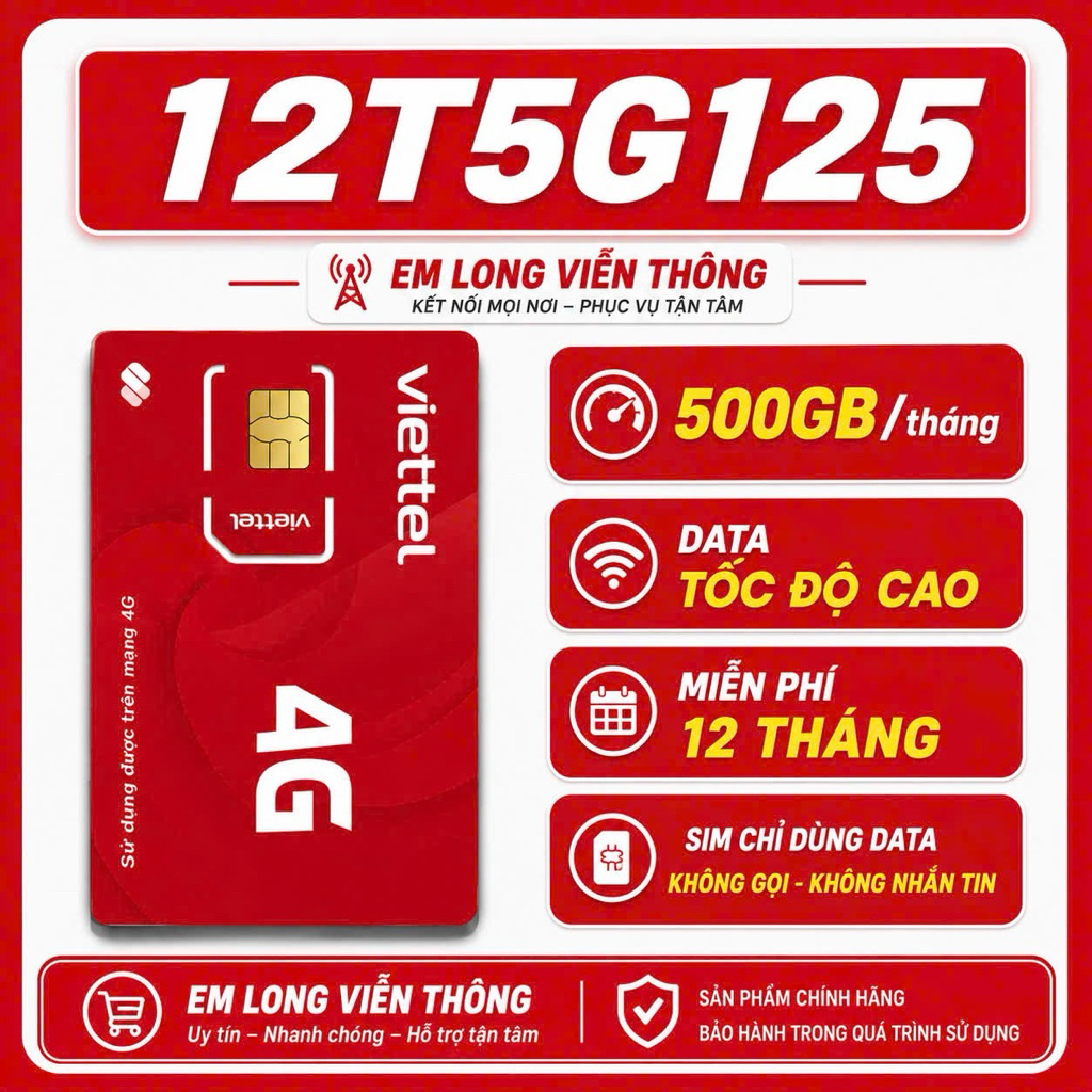 [500GB/tháng x12 tháng ] Sim DATA VIETTEL 5G - 12T5G125 | trọn gói 12 tháng