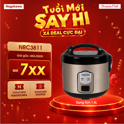 Nồi cơm điện 1.5L Nagakawa NRC3811, lòng nồi 1.5mm chống dính, tặng kèm phụ kiện, bảo hành 12 tháng
