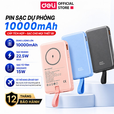 Sạc dự phòng không dây Deli 10000mAh Sạc Nhanh 22,5W Sạc MagSafe Từ Tính Tích Hợp Dây Đeo Cáp Sạc cho Điện Thoại AirPods