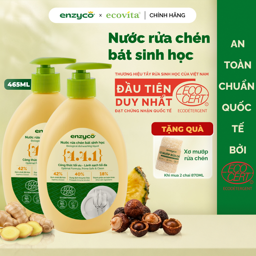 Combo 2 Chai Nước Rửa Chén Sinh Học ENZYCO 465ML, An Toàn Cho Đồ Em Bé