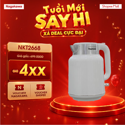 Bình đun nước siêu tốc 1.7L Nagakawa 2 lớp NKT2668, nhựa cao cấp & inox 304, rơ le kép an toàn, bảo hành 12 tháng