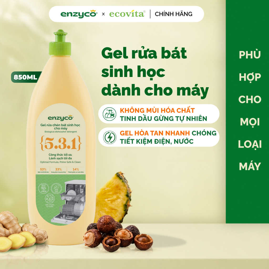 Gel Rửa Chén Bát Sinh Học Chuyên Dùng Cho Máy ENZYCO 850ml -  Chiết xuất Bồ hòn và Enzyme Dứa