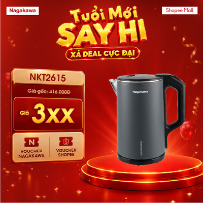 Ấm Siêu Tốc 1.6L Nagakawa NKT2615 – 1500W Đun Nhanh, 2 Lớp Chống Bỏng, Tự Ngắt An Toàn, Xoay 360°, Bảo hành 12 tháng