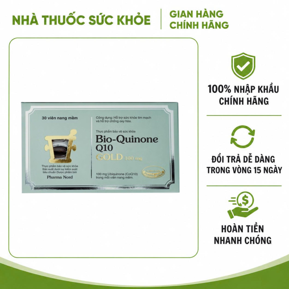 (Nhập Chính Hãng - Đủ VAT) Viên uống hỗ trợ tim mạch Pharma Nord Bio-Quinone Q10 Gold 100mg - Hộp 30
