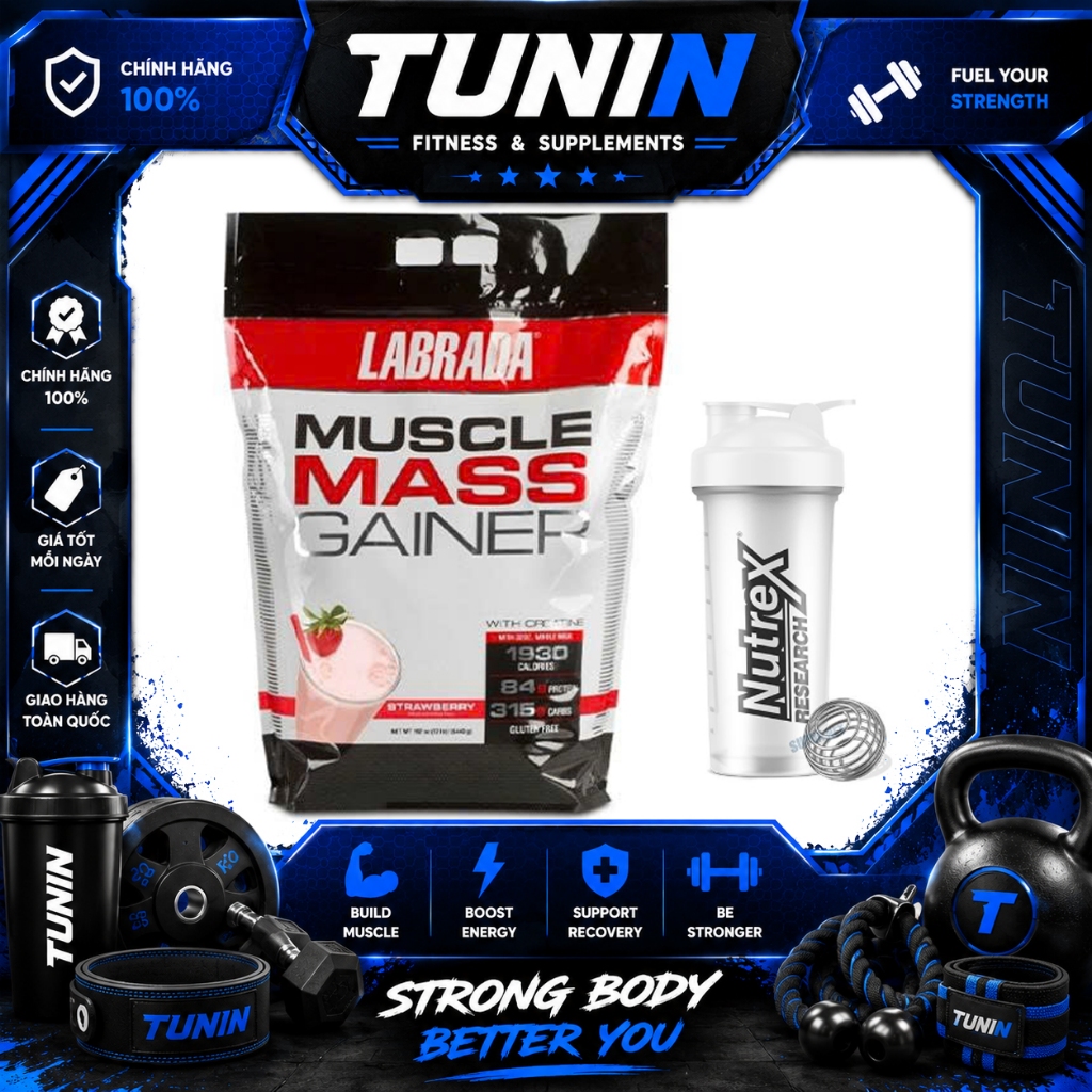 Labrada Muscle Mass Vị Dâu 5.4kg – Mass Gainer Cao Cấp Hỗ Trợ Tăng Cân, Tăng Cơ & Phục Hồi