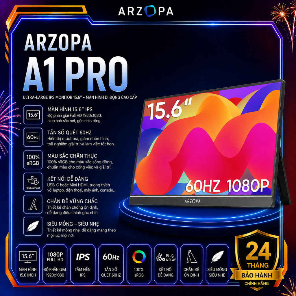 Màn Hình Di Động ARZOPA A1 Pro 15.6 Inch – IPS FHD 1080P, 100% sRGB, HDR, Loa Kép, USB-C & Mini HDMI
