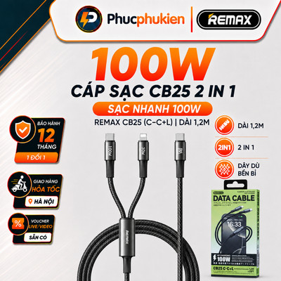 Remax CB25 100w - Dây sạc nhanh 2in1 đa năng 2 đầu type c và lighning cho smartphone - Phúc Phụ Kiện