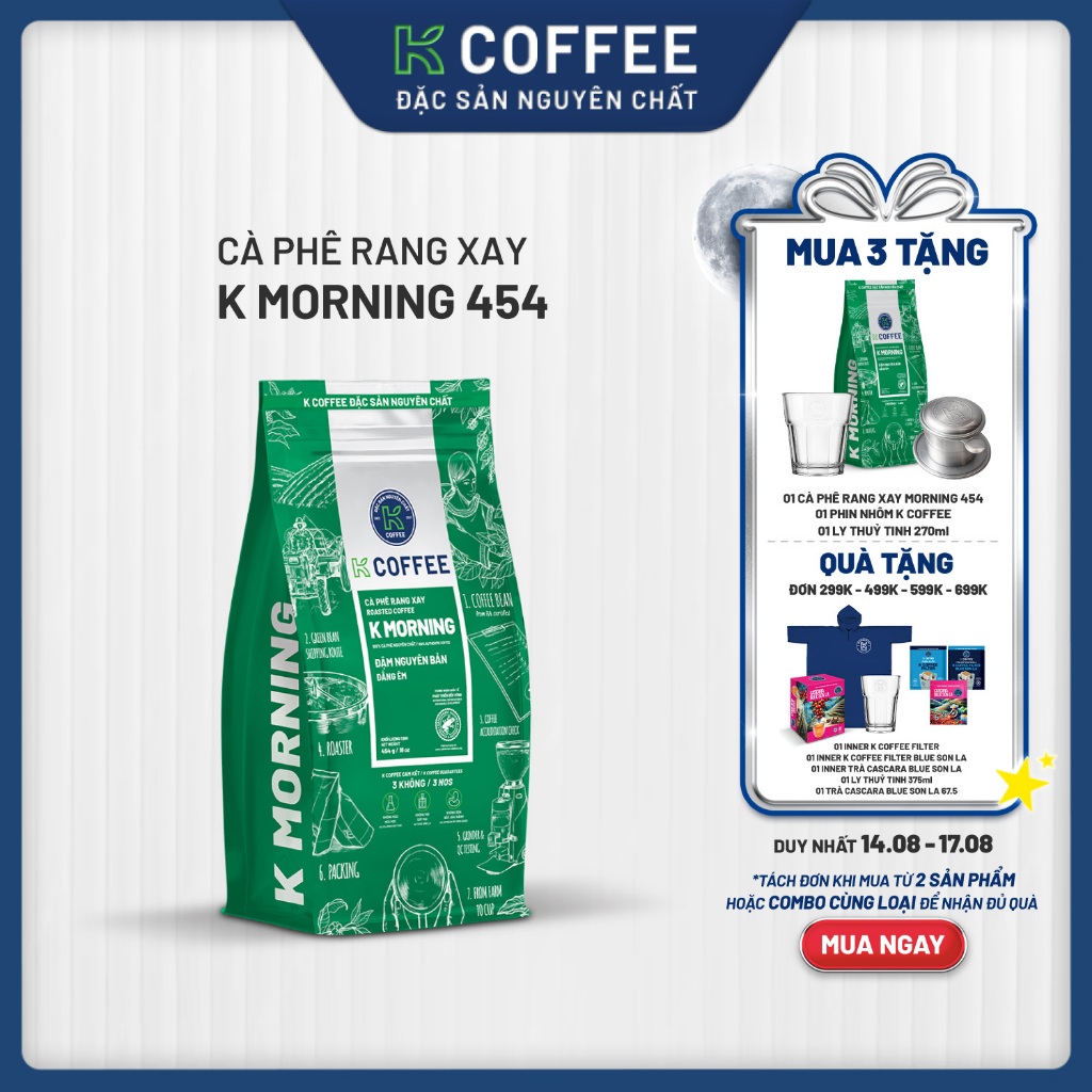 Cà phê Rang xay Đặc sản Nguyên chất Pha phin K Coffee K Morning 454g (cà phê phin, đen đá, cà phê sữ