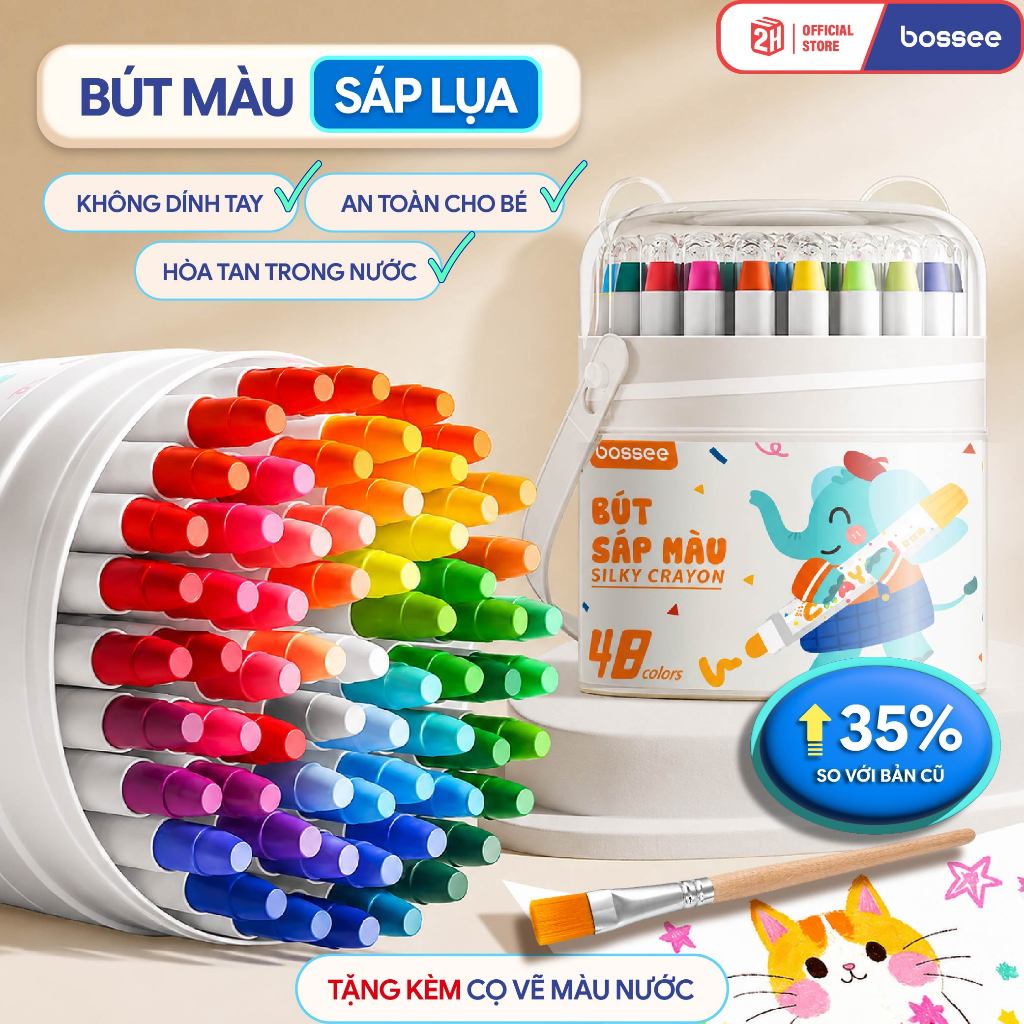 Màu Sáp Lụa Dầu Tặng Kèm Cọ Vẽ Bossee Silky Crayon bút sáp màu cho bé bút sáp lụa vặn, không bẩn tay