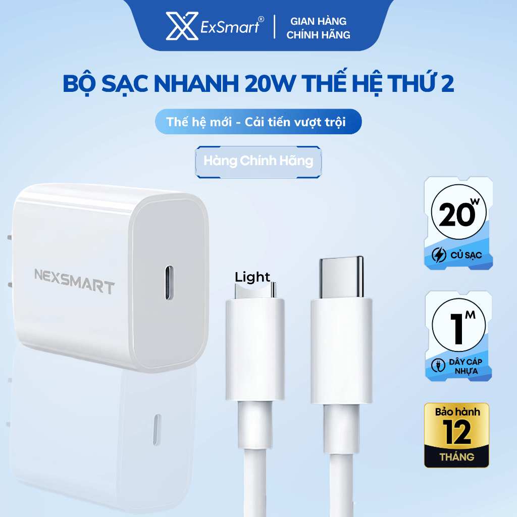 Bộ Sạc Nhanh Type C 20W 30W Exsmart Chính Hãng Dây Bọc Dù Tự Ngắt Khi Sạc Đầy Bảo Vệ Pin An Toàn Sạc