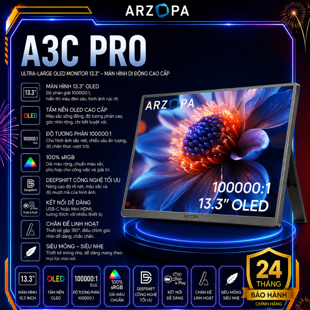 Màn Hình Di Động ARZOPA Z1RC 16 Inch – 2.5K IPS, HDR, 500 Nits, 60Hz, USB-C & HDMI, Cho Laptop PC Ma