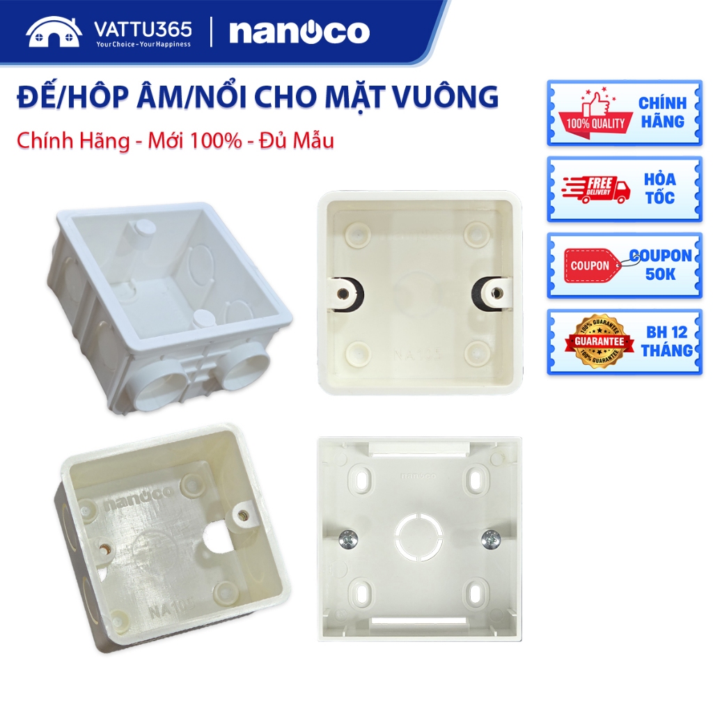 Hộp/Đế Âm/Nổi Vuông Dùng Cho Mặt Vuông Chuẩn BS, 80x80mm, PVC Chống Cháy, Chính Hãng Nanoco