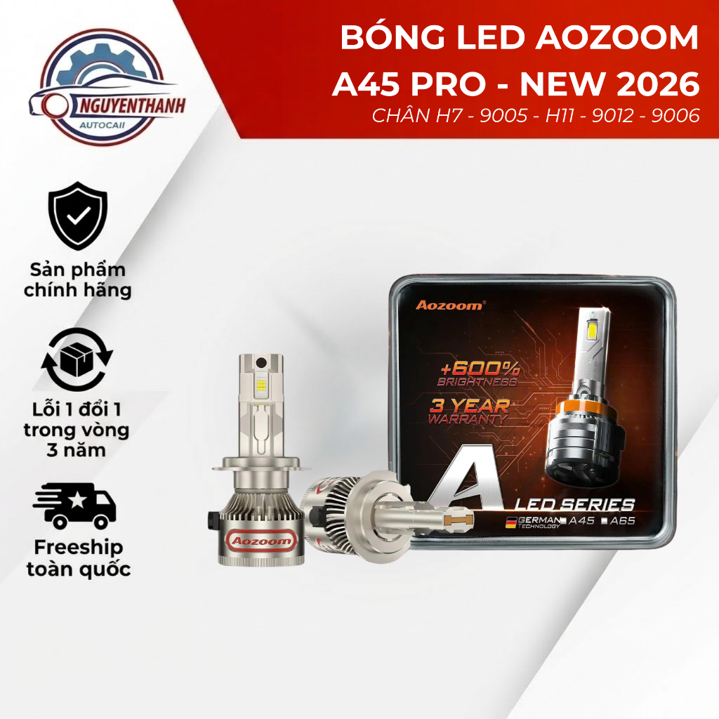Bóng LED Aozoom A45 Pro 45W siêu sáng, phù hợp chân H4 H7 H11 9005 9006 9012 (giá 1 đôi)