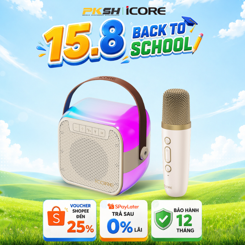 Loa karaoke mini bluetooth iCore ISM59 Kèm 1 Micro không dây - Âm thanh chất lượng, đèn RGB - HÀNG C