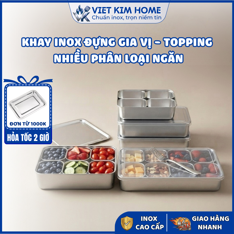 Bộ Khay Inox Nhiều Ngăn Có Nắp Việt Kim – Khay Đựng Gia Vị, Topping, Nguyên Liệu Sạch Sẽ, Chuyên Ngh