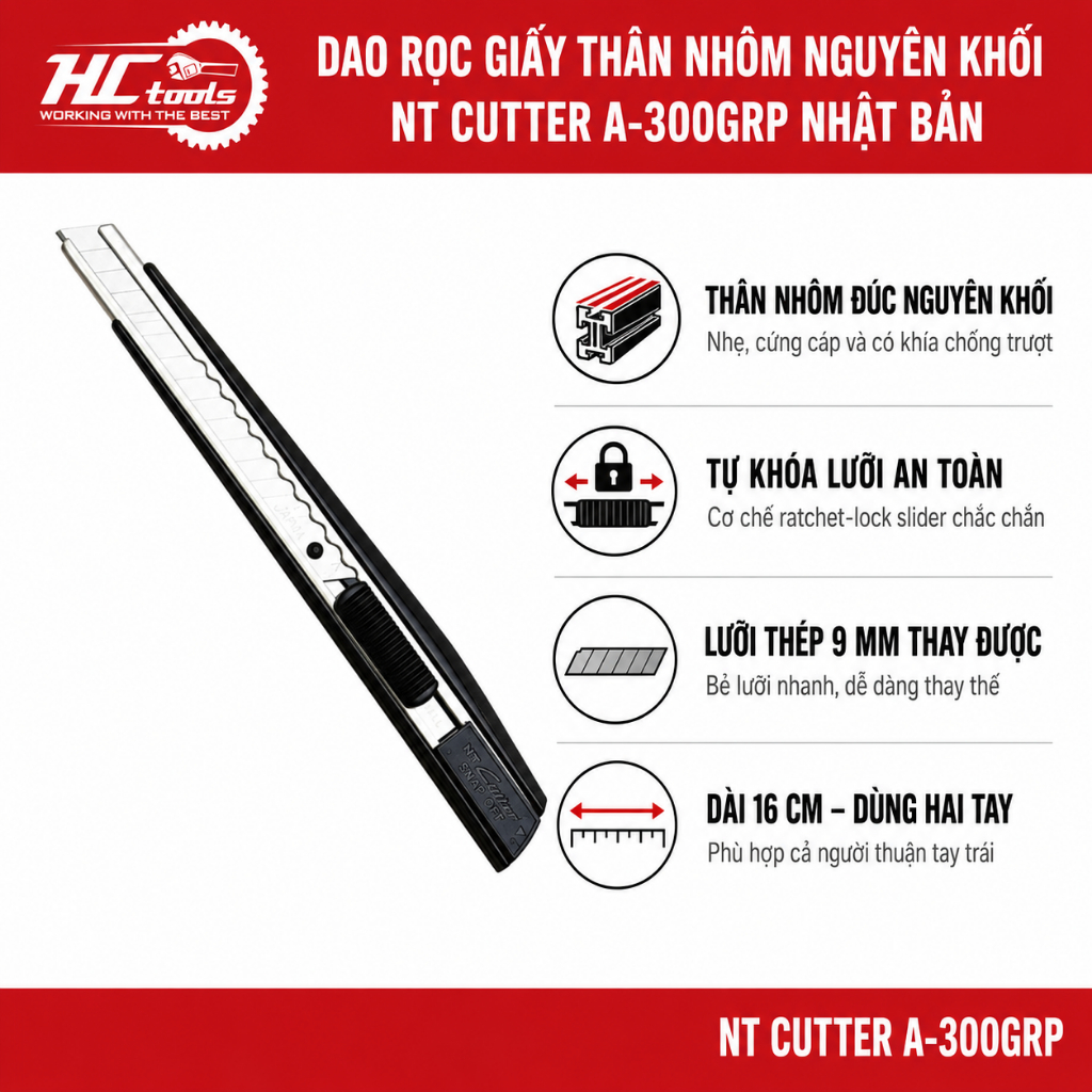 Dao rọc giấy Nhật Bản thân nhôm nguyên khối NT Cutter A-300GRP Nhật Bản Chính Hãng