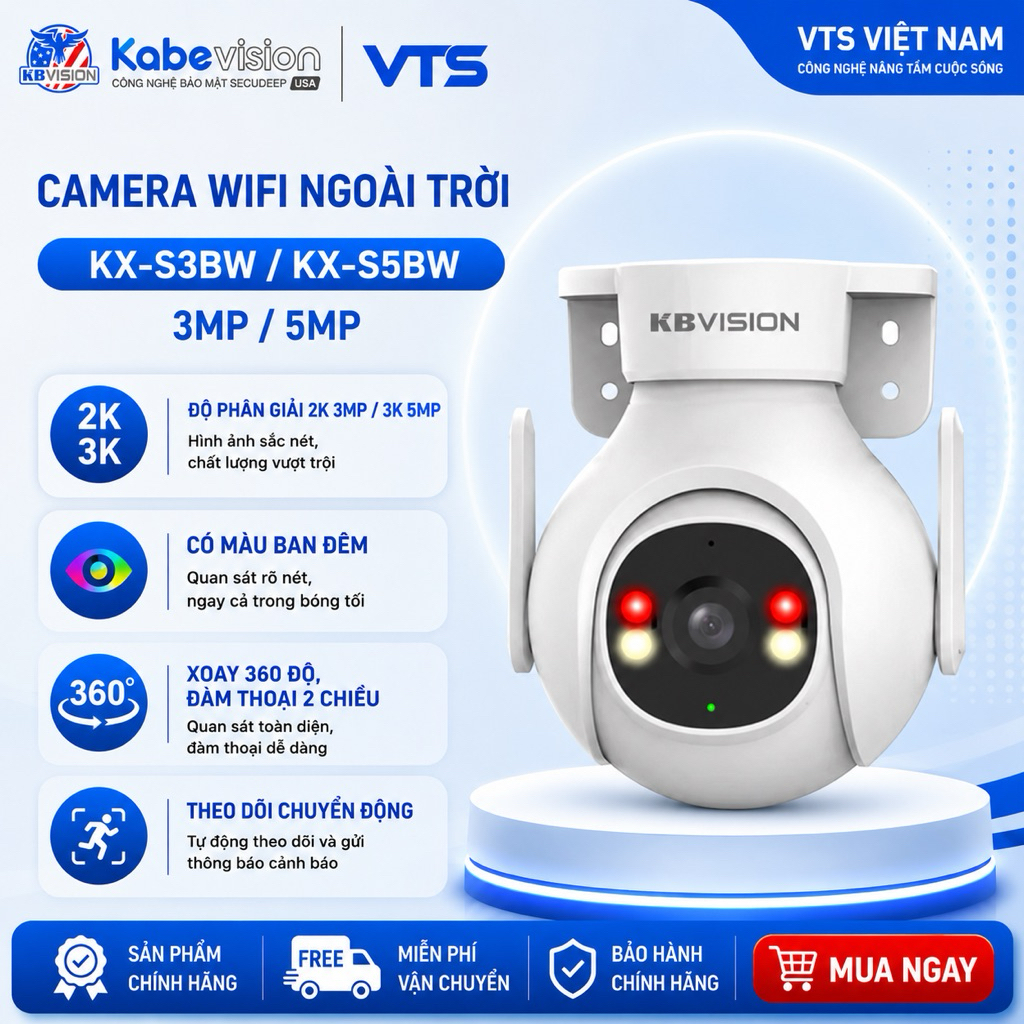 Camera Wifi KBVISION KX-S3BW/KX-S5BW Ngoài Trời, Có Màu Ban Đêm, Xoay 360 Độ, Đàm Thoại 2 Chiều
