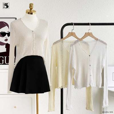 Áo len cardigan Twentyfive vải len mỏng khoác ngoài dáng ôm cổ V  viền bèo 7375