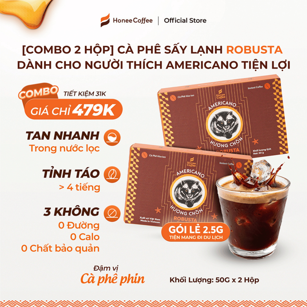 [2 Hộp - Giảm 31K] 2 Hộp Cà Phê Sấy Lạnh Robusta Hương Chồn (2.5g x 40 gói) Pha Americano đá Tiện Lợ