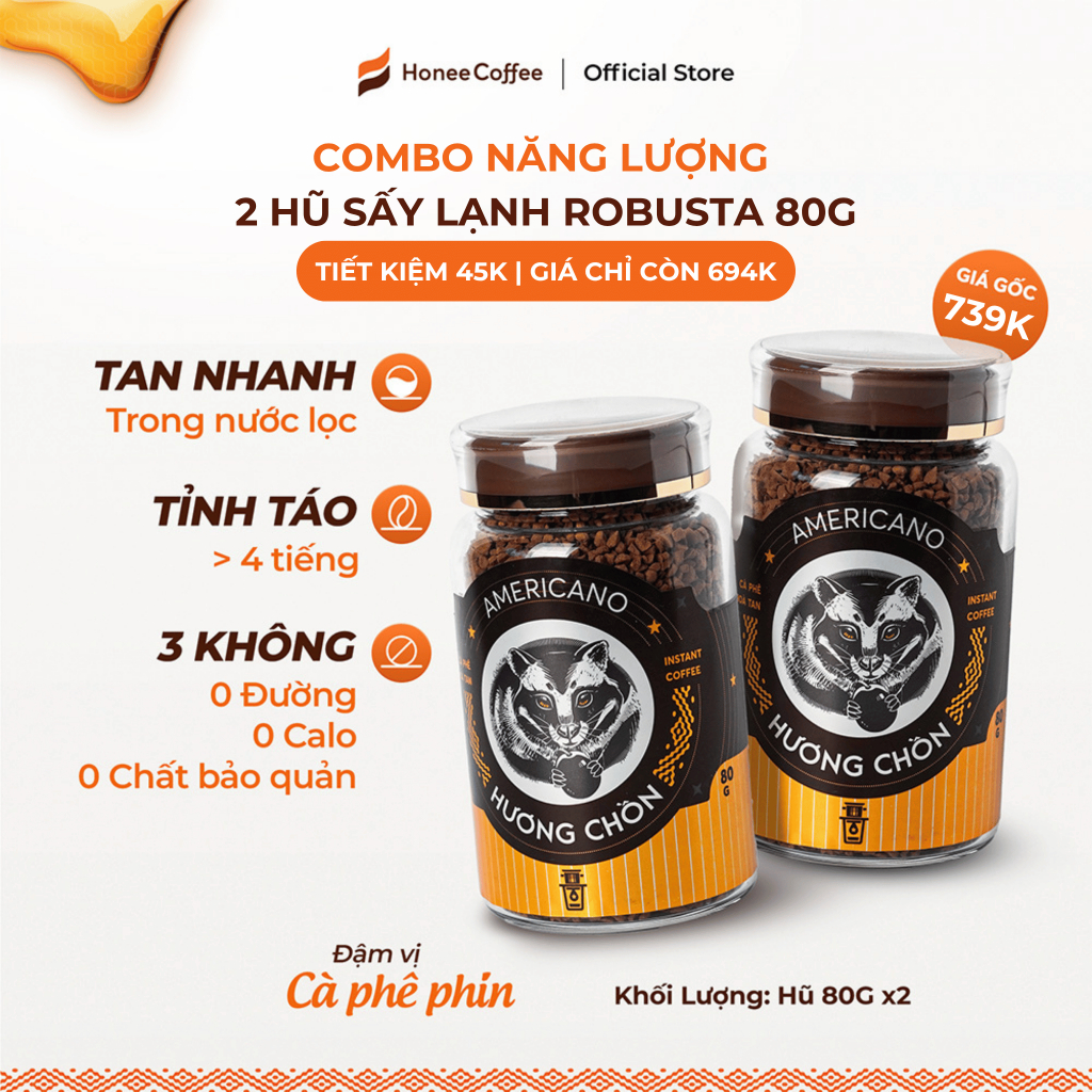 [2 HŨ - Giảm 45K] 2 Hũ Cà Phê Sấy Lạnh Robusta Hương Chồn (2x 80g) Dành cho Tín Đồ Ghiền Cà Phê Đậm 