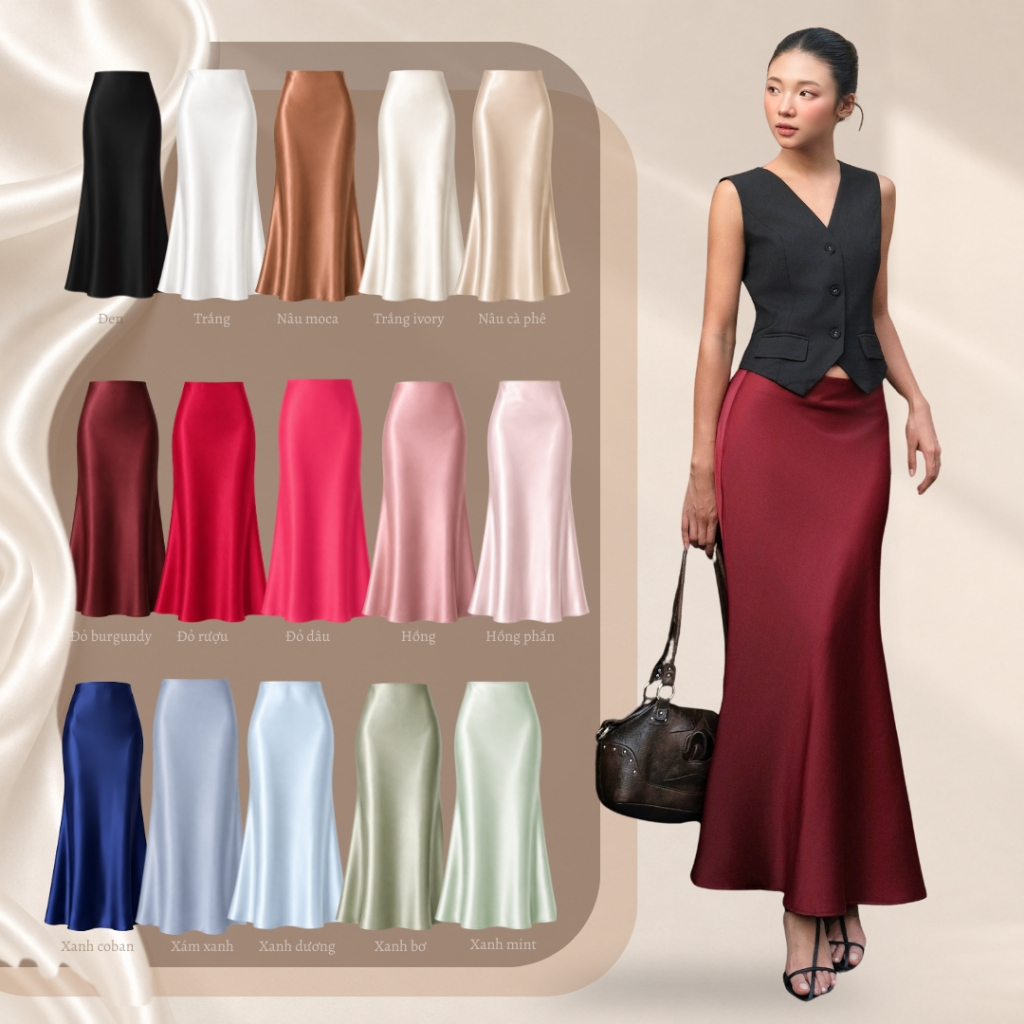Form rộng, lùi size - Chân váy dáng dài, chân váy lụa vân gỗ 2 lớp cao cấp La Boutique V006