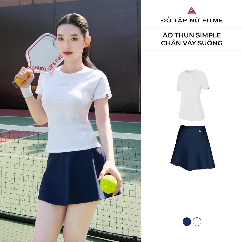 Bộ đồ thể thao nữ Fitme áo thể thao Simple Trắng, chân váy suông Blazer Navy năng động hỗ trợ tập pi