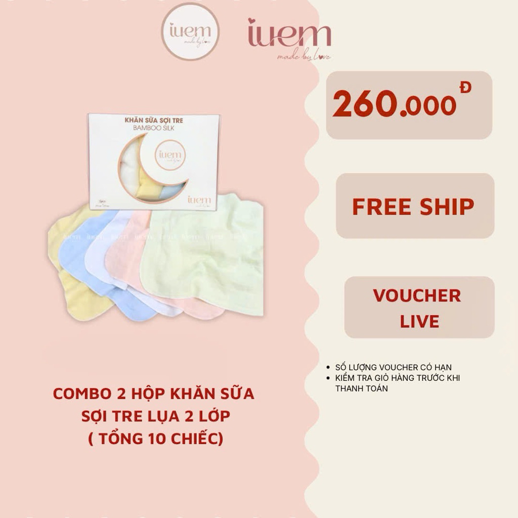 iuem (tặng 1 cái sữa 2 lớp sợi tre) combo 2 hộp khăn sữa sợi tre bamboo 2 lớp (tổng 11 cái cả tặng)