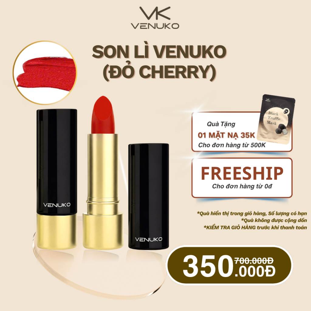 Son Lì Venuko V02 Đỏ Cherry – Đỏ Lạnh Sang Trọng, Trắng Răng, Có Dưỡng 3.5g