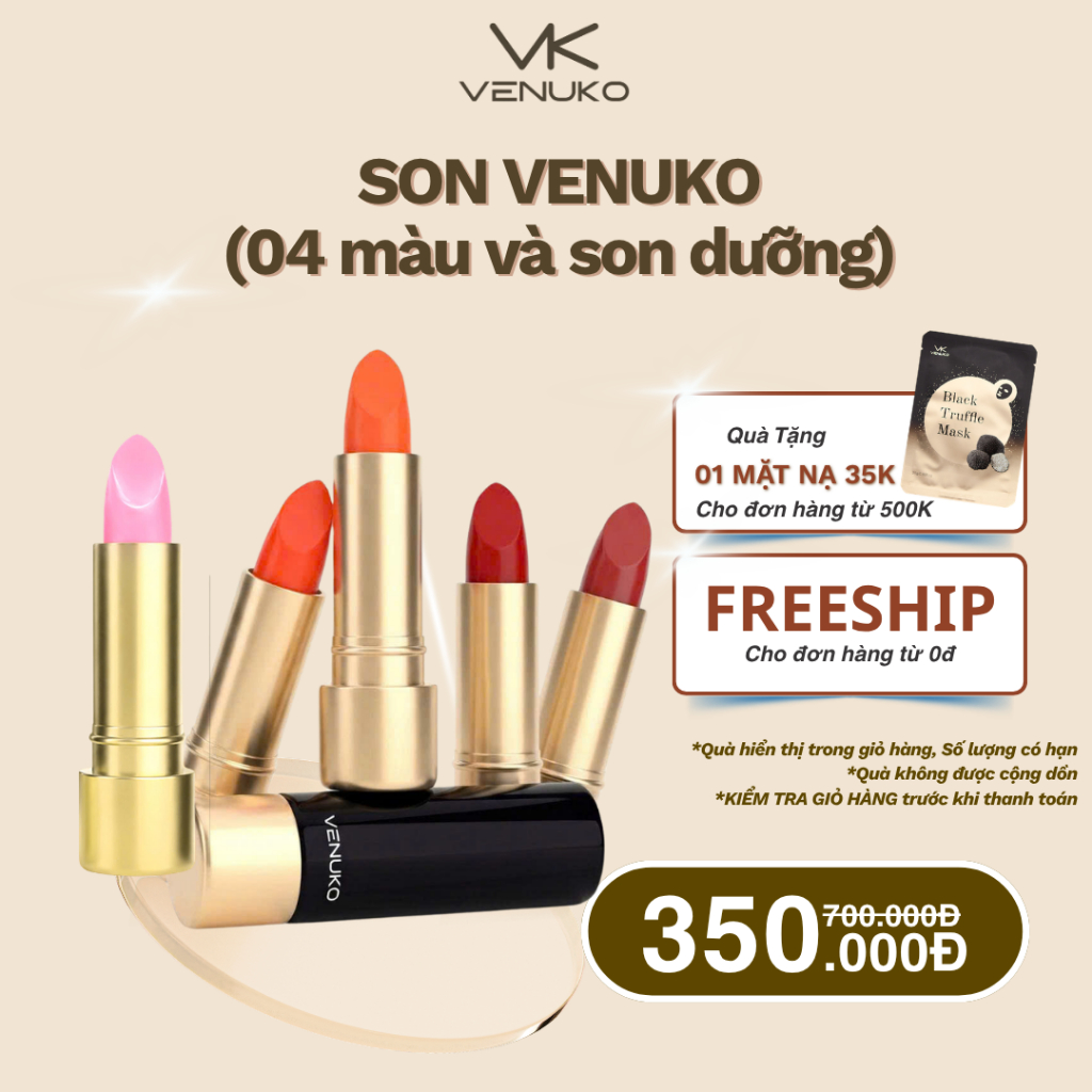 Son Lì Venuko 3.5g – Son Mịn Lì Có Dưỡng, Lên Màu Chuẩn, Mềm Môi, Lâu Trôi | 4 Màu _ Hàn Quốc