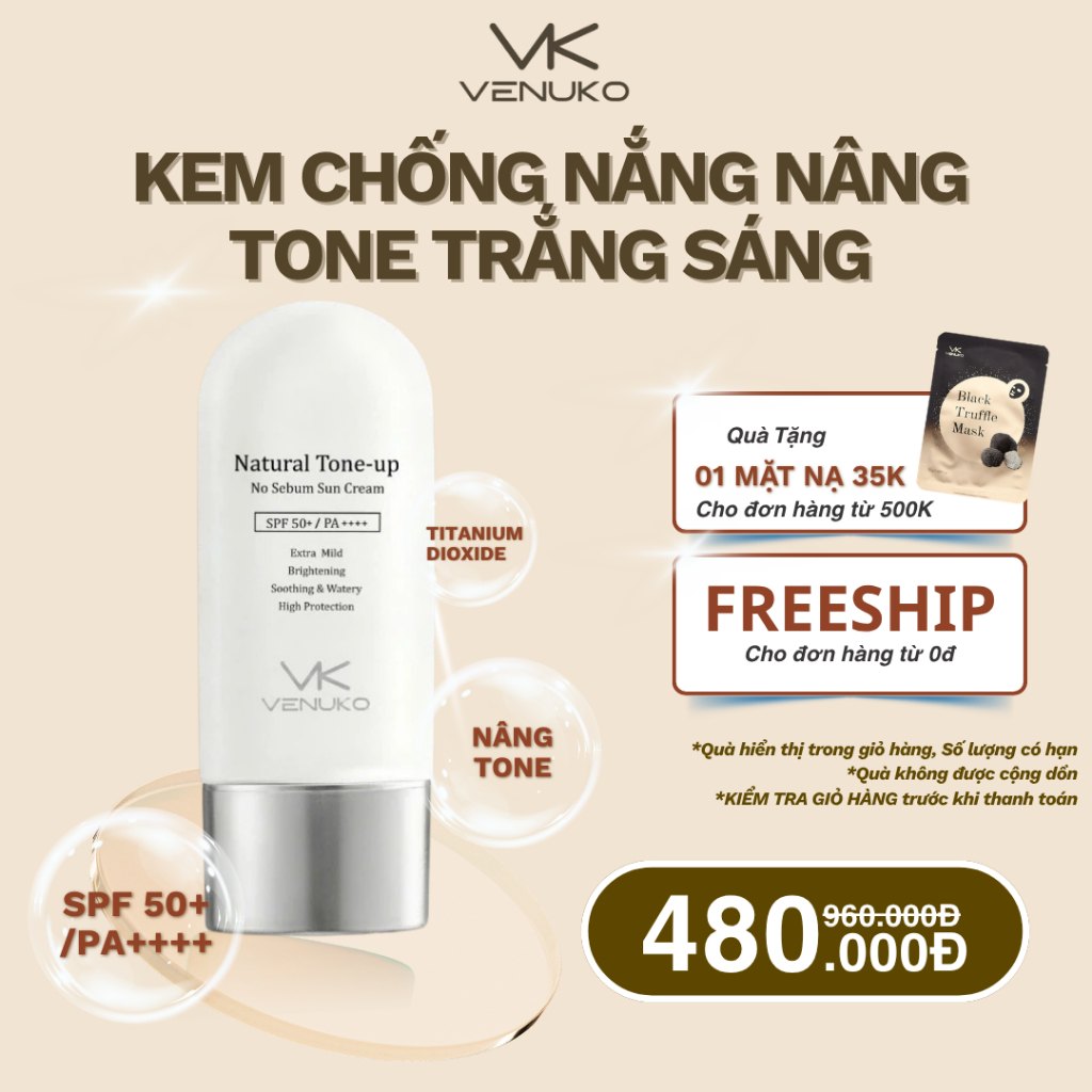 Kem Chống Nắng Venuko Natural Tone-Up SPF50+/PA++++ – Nâng Tone Trắng Sáng, Kiềm Dầu, Mỏng Nhẹ, Không Bết Dính