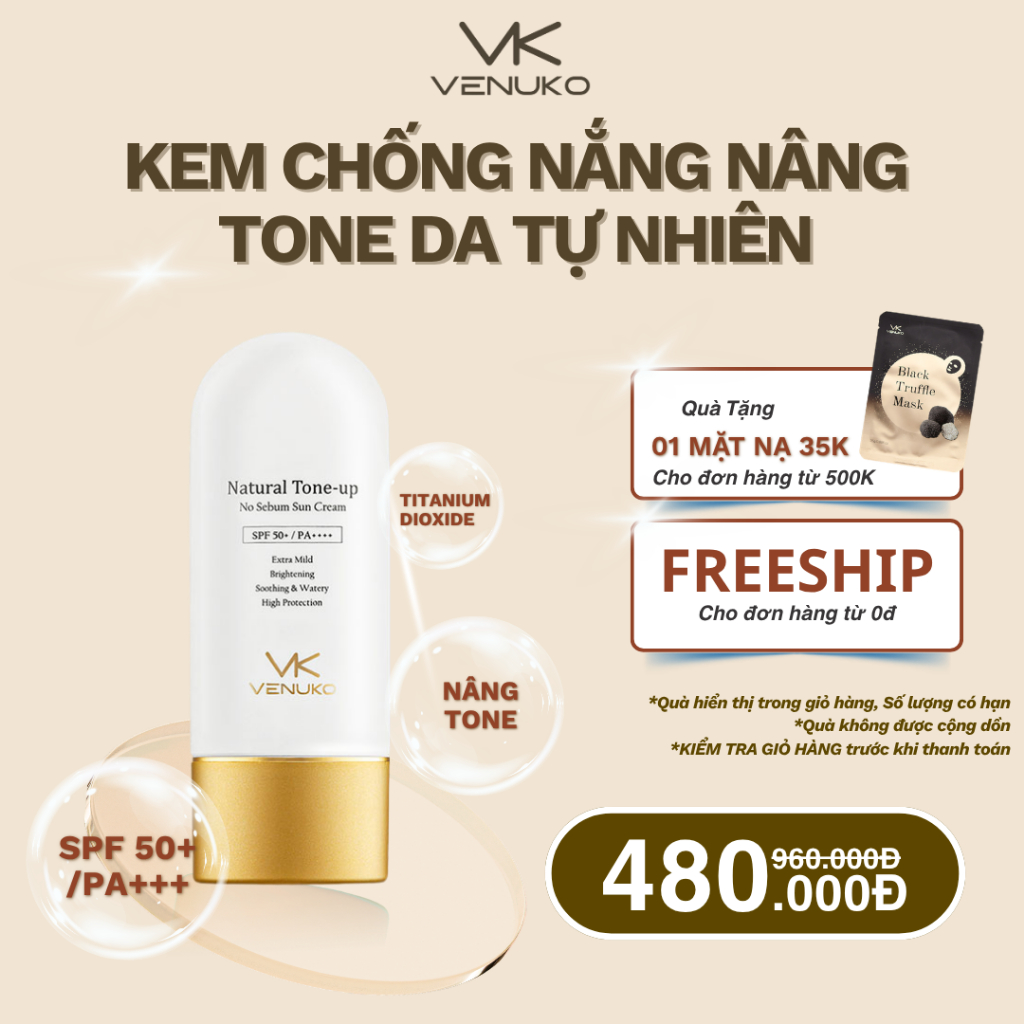 Kem Chống Nắng Nâng Tone VENUKO SPF50+ PA++++ Natural Tone-Up – Kiềm Dầu, Trắng Sáng Tự Nhiên