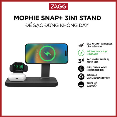Đế Sạc Không Dây Mophie Snap+ 3-in-1 Stand – Sạc iPhone MagSafe/Apple Watch/AirPods công suất lên đến 15w