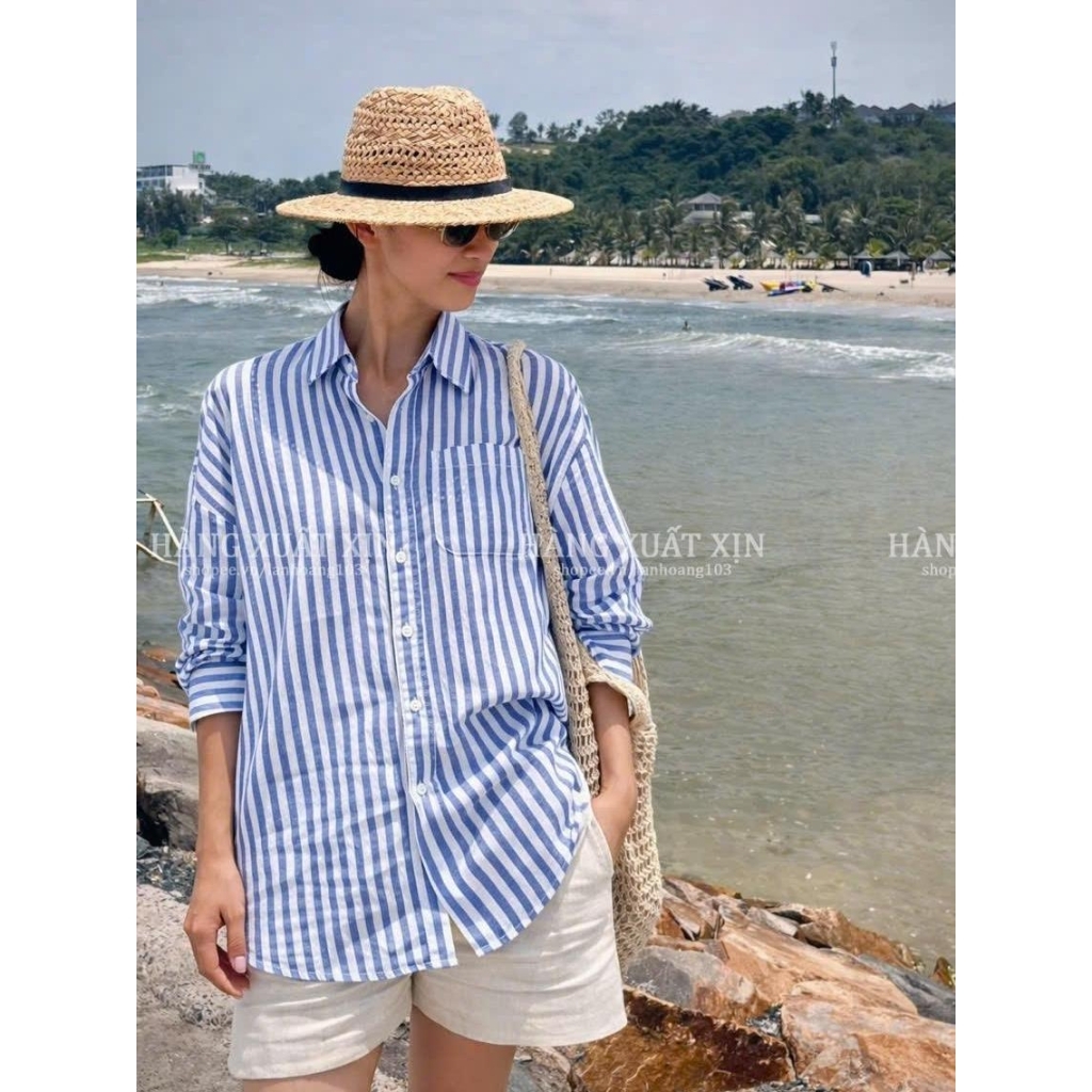 Áo Sơ Mi Nữ OSHIRI Kẻ Sọc Xanh Trắng Vải Linen Tưng Pre Cao Cấp Thanh Lịch