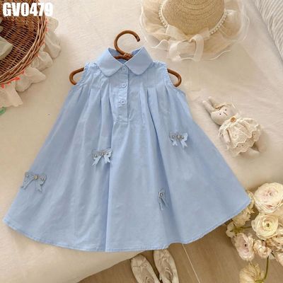 Váy Sát Nách Bé Gái Xanh Pastel Cổ Bẻ Xếp Ly Đính Nơ Đá Lưng Nơ Lớn MINTSCLOSET GV0479