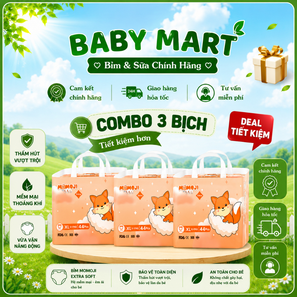 COMBO 3 BỊCH Tã Bỉm MOMOJI EXTRA SOFT  mềm mỏng thấm hút tốt.
