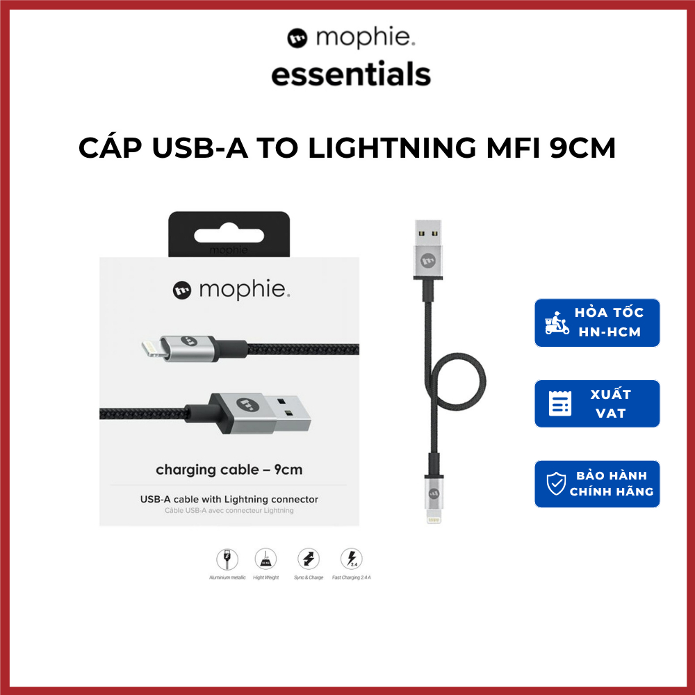 Cáp USB-A to Lightning MFi Mophie dài 9cm (sạc nhanh và gọn gàng)