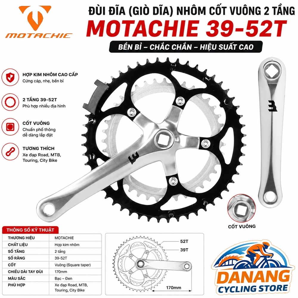 Đùi Đĩa Xe Đạp Cốt Vuông MOTACHIE 2 Tầng 39-52T | Giò Dĩa Road, Touring