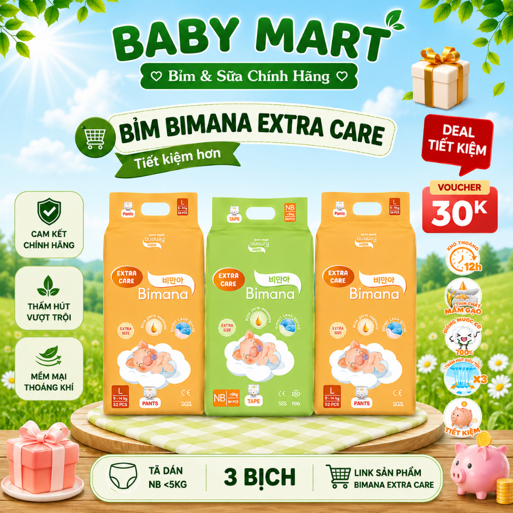 Tã/Bỉm Dán/Quần BIMANA EXTRA CARE Thấm Hút Tốt, Đủ Size Thấm hút tốt