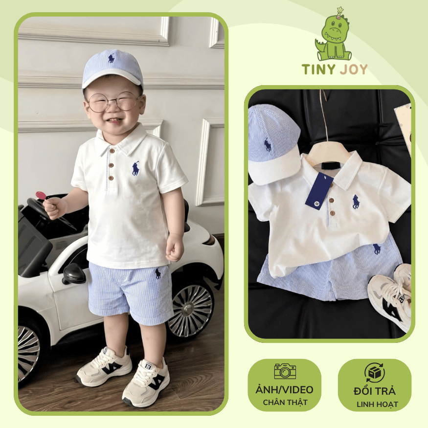 Áo polo họa tiết thêu ngựa phối quần short kẻ sọc năng động, set cộc tay bé trai tặng kèm mũ - B214 
